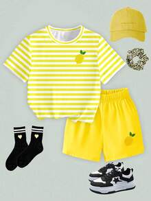 SHEIN Elladie kids 春夏女生休闲时尚创意个性清新可爱简约柠檬黄白条纹印花夏日度假风基础款短袖T恤短裤套装，舒适日常穿着，适合春夏女生穿搭 - 彩色 - 查看 4