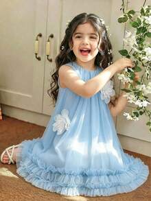 SHEIN Glamorique Kids 小女孩蓝色无袖碎花连衣裙，甜美可爱，优雅迷人 - 藍色 - 查看 1