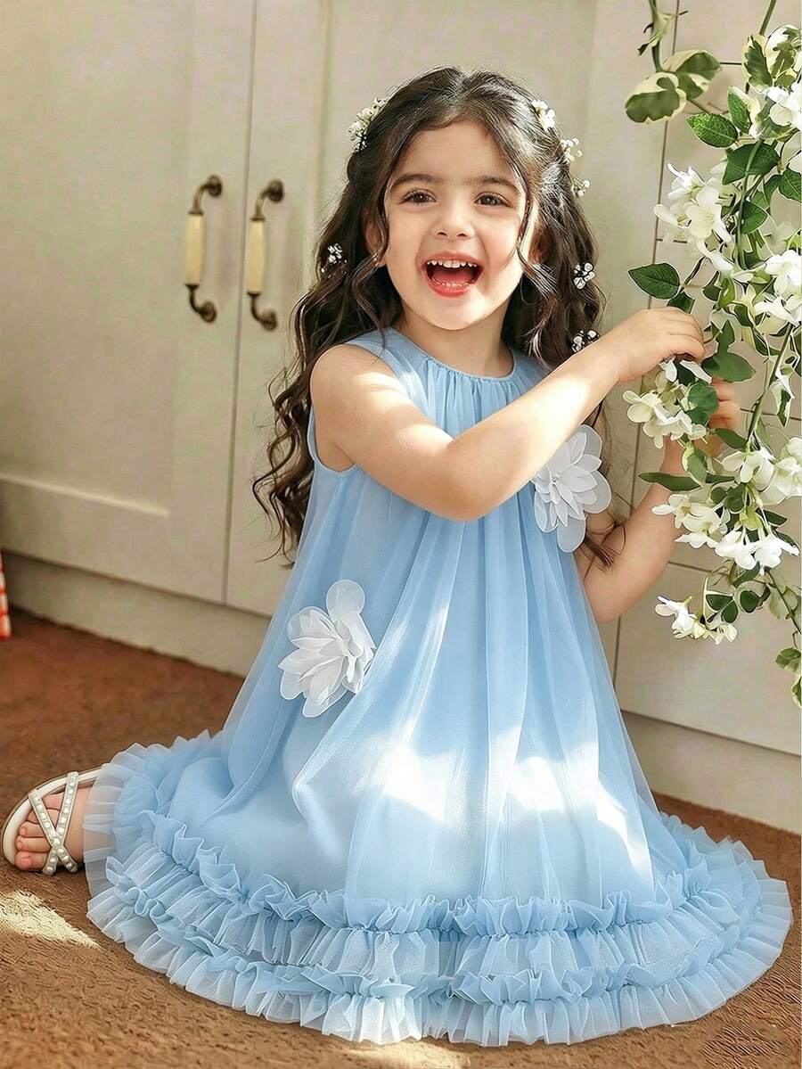 SHEIN Glamorique Kids 小女孩蓝色无袖碎花连衣裙,甜美可爱,优雅迷人 - 藍色 - 查看 1
