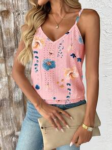 SHEIN Holidaya Camiseta de mujer con estampado floral, textura y diseño calado - Rosa - Ver 7