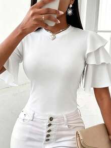 EMERY ROSE Women's Elegant Solid Color Ruffle Hem T-Shirt, Summer - White - View 4