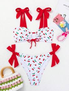 SHEIN Swim Mod Conjunto de bikini con estampado de cerezas atado, sexy para mujer, de verano - Multicolor - Ver 6