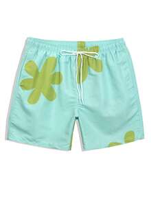 CoralVoy Plus Size Men's Floral Print Drawstring Waist Pocket Beach Shorts, Holiday - Mint Green - View 4