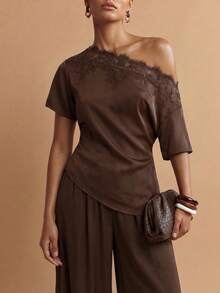 Zivah Elegant Summer Dark Brown Satin Two Pieces Set,Loose-Fitting Lace-Trimmed One-Shoulder Short-Sleeved Blouse & Jogger Lantern Pant Vacation Outfit - Brown - View 9