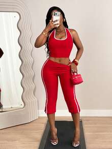 SHEIN BamGlam Bộ đồ thể thao nữ mùa xuân/hè gồm áo hai dây và quần dài, thích hợp cho các lễ hội âm nhạc, ngày Valentine, lễ Phục sinh, trang phục thường ngày đơn giản. - Đỏ - Xem 6