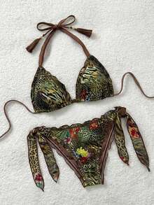 Soleia 大码女士复古彩色豹纹、斑马纹、花卉印花荷叶边系带流苏装饰沙滩比基尼套装 - 咖啡棕 - 查看 3