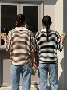 Muchica 女士宽松条纹V领撞色落肩短袖T恤，夏季 - 彩色 - 查看 2