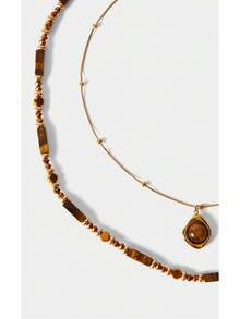 Noxbound 1pc/Set Vintage Elegant Multi-Layer Tiger Eye Stone Pendant Necklace, Women's Double-Layer Clavicle Chain Jewelry Set, Fashion Jewelry, Best Friend Gift (Natural Stone Color And Round/Square Beads Quantity And Shape Are Random) - Multicolor - View 6