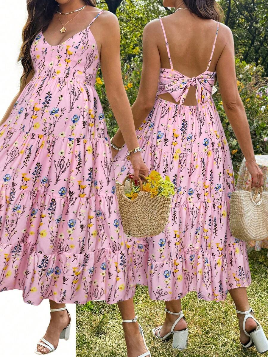 SHEIN 孕妇休闲碎花系带露背吊带连衣裙 - 淺粉色 - 查看 1