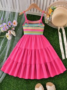 SHEIN Sparklyn Girls' Hot Pink Summer Boho Cute Vacation Holiday Rainbow Striped Patchwork Peach Pink Linen Multi-Layered Ruffle Hem Sleeveless Midi Dress,Daily - Multicolor - View 2