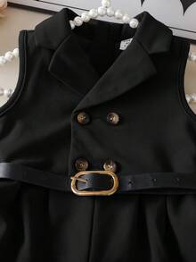 SHEIN Bộ áo liền quần không tay màu đen thanh lịch cho bé gái, có cổ áo blazer, thích hợp cho mùa hè. - màu đen - Xem 5