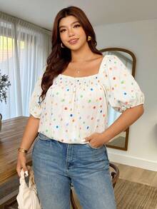 Vionelle Plus Size White Polka Dot Petal Sleeve Blouse, Vacation Style Puff Top For Women Women's Tops Casual Cute Tops Brunch Summer - Multicolor - View 1
