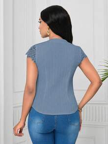 Lunelith SHEIN Lunessa Elegant Lace Patchwork Wave Striped Short Sleeve Women Blouse - Blue - View 2