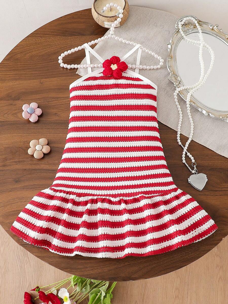 SHEIN Đầm hè mới cho bé gái, đầm hai dây hở lưng kẻ sọc đỏ trắng dễ thương, kiểu dáng ngọt ngào phù hợp cho các hoạt động hàng ngày, du lịch biển và kỳ nghỉ. - Đỏ - Xem 1