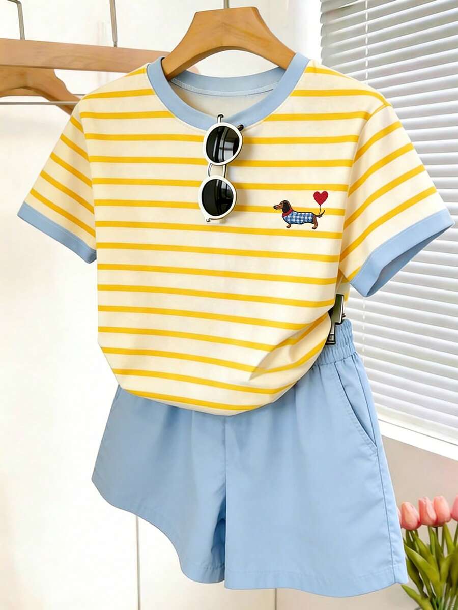 2pcs Women's Digital Stripe Short Sleeve T-Shirt & Shorts Set, Summer - White - View 1