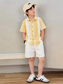 SHEIN 2件套儿童/青少年男童黄色夏季度假衬衫，休闲舒适时尚简约实用柔软面料，适合日常穿着、旅行、户外活动、假日派对、海滩度假、夏季氛围、节日庆典、春夏穿着。 - 黃色 - 查看 5