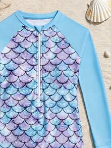 SHEIN 新款时尚少女彩色印花连体泳衣 - 淺藍色 - 查看 4