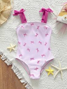 SHEIN Young Girl' Pink Striped Bow Print Contrast Color Bow Decor One-Piece Swimsuit, Spring/Summer - Pink - View 4