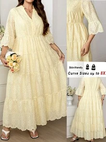 SHEIN CURVE+ 大码女式碎花喇叭袖荷叶边沙滩连衣裙度假装女装沙滩度假装，夏季女装，绿白相间长裙，绿色碎花长裙，层叠长裙，秋季女装，学生装，乡村风女装，教师装，秋季女装，秋季女装，休闲女装 - 鵝黃色 - 查看 1