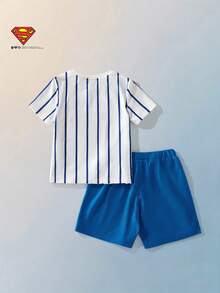 Maija Kids SUPERMAN X SHEIN Maija Kids 女童超级英雄图案针织柔软圆领短袖上衣和松紧腰短裤两件套 - 彩色 - 查看 6