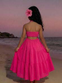 SHEIN Tween Girl Casual Spring/Summer Textured Solid Color Ruffle Back Bow Dress, Bohemian Vacation Daily Casual Outfit, Tween Girl - Hot Pink - View 1