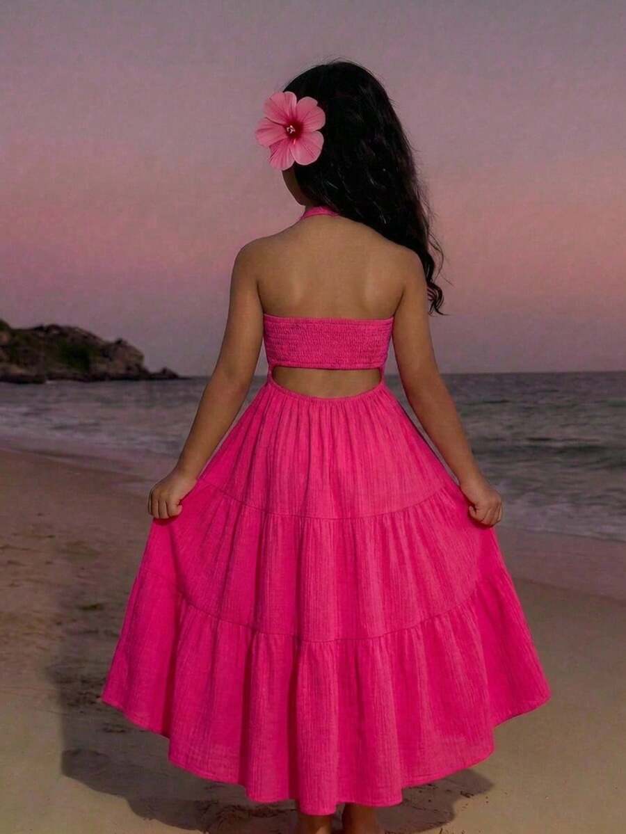 SHEIN Tween Girl Casual Spring/Summer Textured Solid Color Ruffle Back Bow Dress, Bohemian Vacation Daily Casual Outfit, Tween Girl - Hot Pink - View 1
