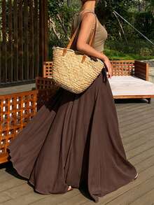 DAZY Women's Loose Solid Color Skirt, Elegant Resort Wear For Spring & Autumn - Brown - View 1