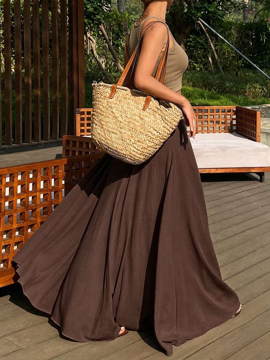 DAZY Women's Loose Solid Color Skirt, Elegant Resort Wear For Spring & Autumn - Brown - View 1