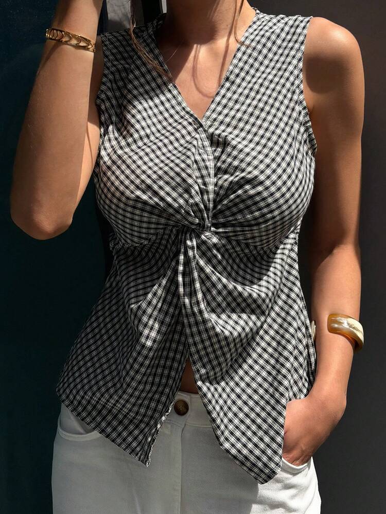 Plaid Twist V-Neck Sleeveless Casual Vacation Summer Top Women Vest Jacket