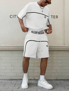 PAVTROS Young Street Style, Ribbon Design, Gothic Letter Print Grey Men T-Shirt Set Football - White - View 4
