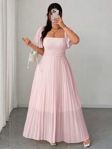 Elenzga Abito elegante e romantico da donna con maniche corte, scollo quadrato, vita arricciata e linea ad A, di colore crema e giallo - Rosa - Visualizzare 3