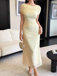 Modelyn 淡黄色雪纺荷叶边露背系带优雅连衣裙，优雅法式风格女士婚纱长裙 - 淡黃色 - 查看 4