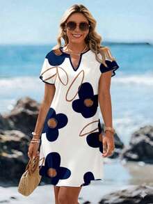 EMERY ROSE Casual Minimalist Color Block Pattern Loose Short Sleeve Plus Size Dress, Suitable For Summer - Multicolor - View 5