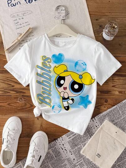 THE POWERPUFF GIRLS X SHEIN 少女百搭圆领短袖T恤 -