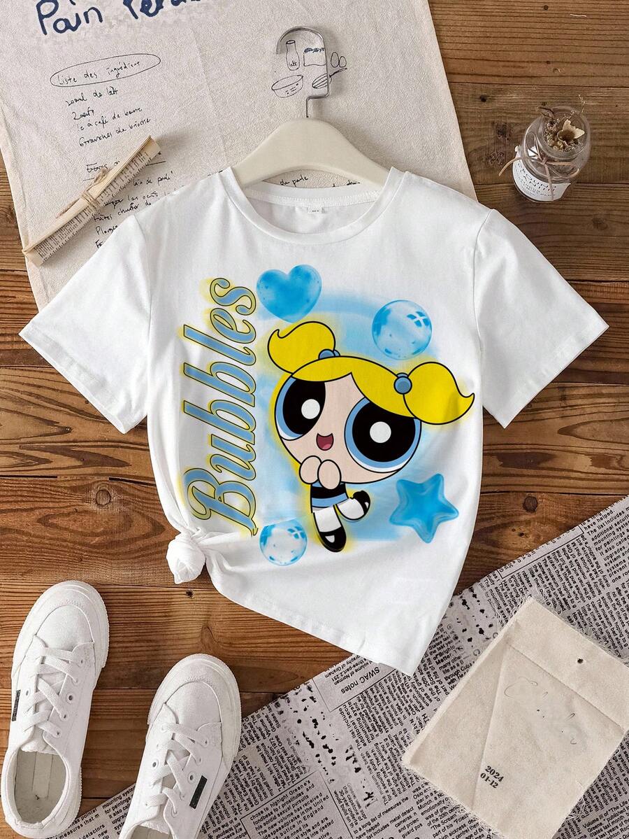 THE POWERPUFF GIRLS X SHEIN Áo thun ngắn tay cổ tròn đa năng dành cho bé gái tuổi teen - - trắng - Xem 1