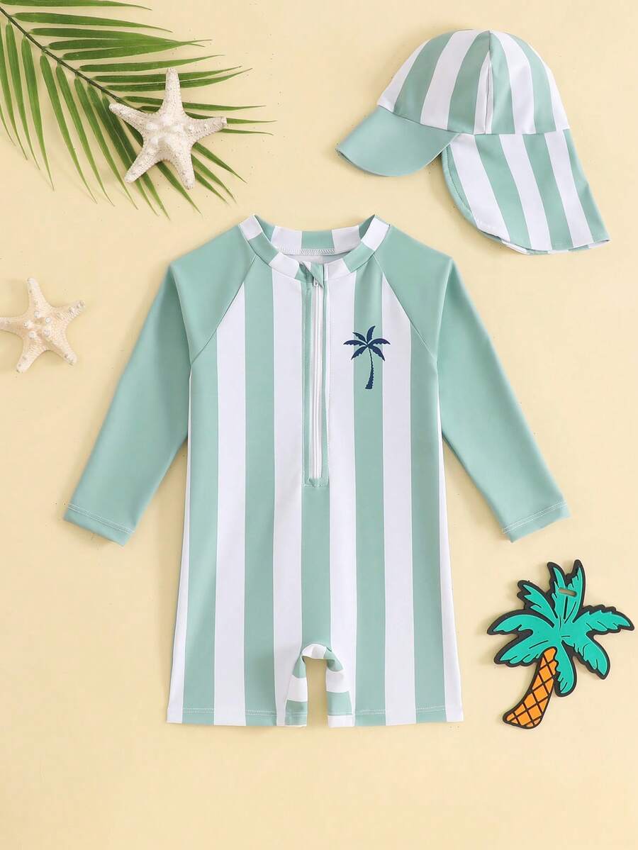 Infant/Toddler Boys' Striped Zip-Up Long Sleeve Swimsuit - Green - View 1