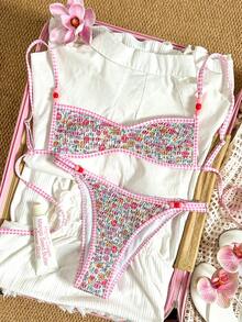 Swim Mod 女士泳衣套装，甜美风格，适合夏季海滩，多功能两件套，粉色系列比基尼套装，整体修身设计，可调节后背设计，甜美碎花搭配粉色格纹印花饰边，串珠配饰，动感可爱，适合海滩度假 - 彩色 - 查看 3