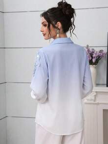 Modelyn 优雅蓝色串珠花卉落肩袖时尚女式衬衫 - 彩色 - 查看 3