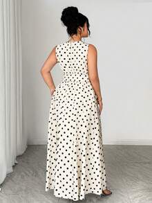 Elenzga Plus Size Women's Polka Dot Sleeveless Dress, Beige, Summer, Elegant, Tea Party Round Neck Cinched Waist Bow Print Pattern, Commute, Casual Wear - Multicolor - View 2