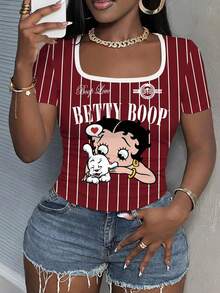 Slaydiva Betty Boop x SHEIN 大尺碼夏季休閒條紋卡通印花T恤 - 白色 - 查看 1