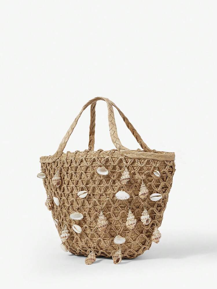 SHEIN Maija Ladies, Women Top Handle Bags, Straw Bag, Straw Woven Bag, Ocean-Themed Ornaments, Fashionable, Elegant, Simple, Personality, Versatile,  For Beach, Vacation, Holiday, Summer, Seaside, Beach Party