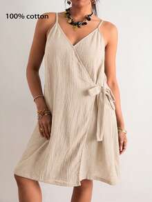 SHEIN VCAY Plus Size Casual Solid Color Drawstring Wrap Cami Dress, Beach Dress, Holiday Outfit, Bohemian Style - Apricot - View 8