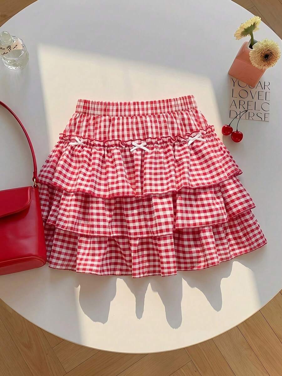 SHEIN MOD 大码女式蝴蝶结红色格子伞裙,夏季度假格子A字裙,校服百褶裙,派对裙,女式半身裙,夏季半身裙,野餐半身裙,Y2K半身裙,Y2K夏季服装,方格半身裙,层叠半身裙,红色方格半身裙,田园半身裙,半身裙套装,女士野餐套装 - 紅白色 - 查看 1