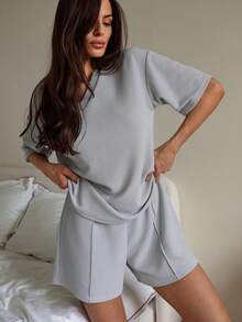 Livesso Bộ đồ mặc nhà dệt kim thường ngày dành cho nữ, mùa hè. - Xám - Xem 4