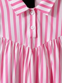 Girls' Short-Sleeved Pink And White Striped Summer Cute Birthday Dress,V-Neckline Ruched Puff Sleeves Lining Casual Parties Formal Events - Pink - View 3