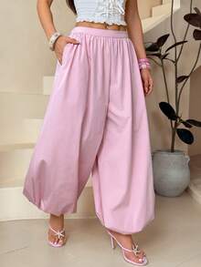 SHEIN PETITE Quần ống rộng cạp cao dệt trơn - Màu Hồng baby - Xem 7