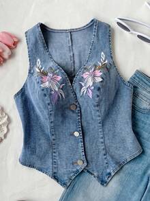 Comfortcana 大尺碼女款刺繡花卉圖案藍色牛仔背心，夏季波希米亞休閒百搭日常穿搭上衣，適合晚餐聚會、海灘、節慶、生日與辦公室 - 淺色水洗藍 - 查看 6