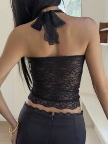DAZY Women's Fitted Lace Halter Backless Tank Top - Black - View 4