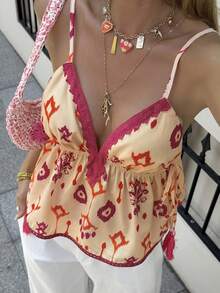 DAZY Women's Vacation Casual All-Over Print Lace Trim Camisole - Red - View 1