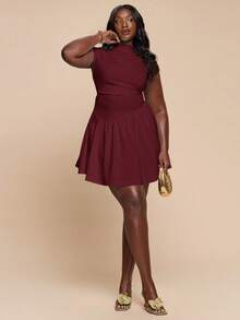 SHEIN BAE Plus Size Women Solid Color Pleated Elegant Waist Cinched Cocktail Party Dress - Maroon - View 7